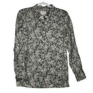 Villager Blouse Womens Size M Black White Floral Roll Tab Sleeve Linen Blend